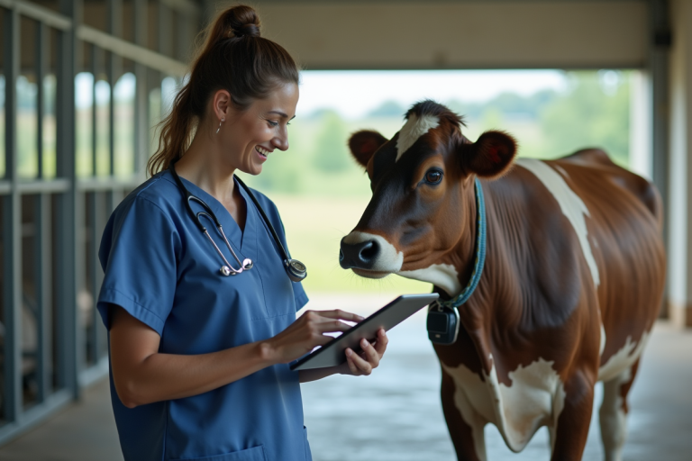 Vétérinaire en scrubs bleus vérifiant une vache équipée d'un collier électronique
