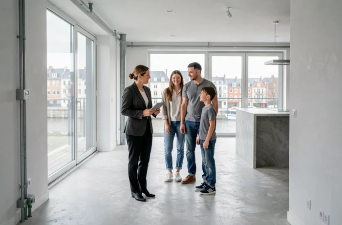 Agent immobilière présentant un appartement moderne et lumineux à une famille lors d'une visite immobilière à Liège