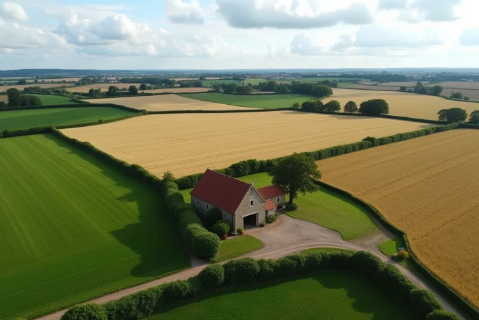 Vue aérienne de parcelles agricoles diversifiées avec une ferme traditionnelle illustrant la protection d'un terrain agricole