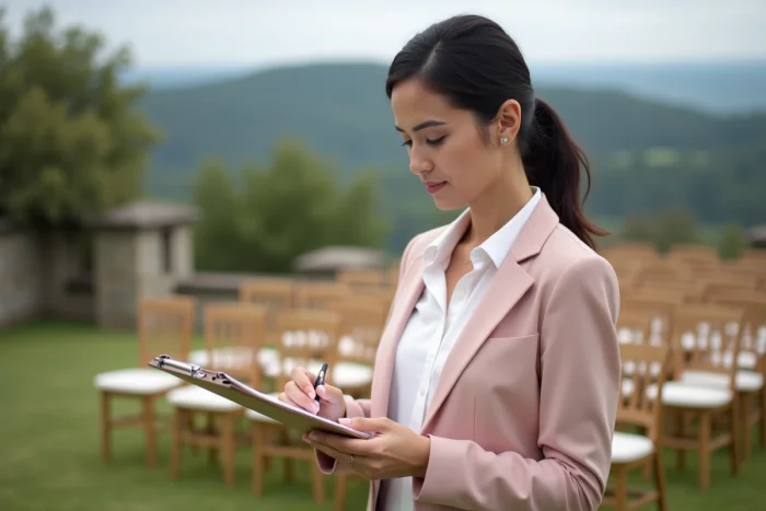 Wedding planner professionnelle vérifiant une liste d'organisation de mariage dans un domaine de campagne